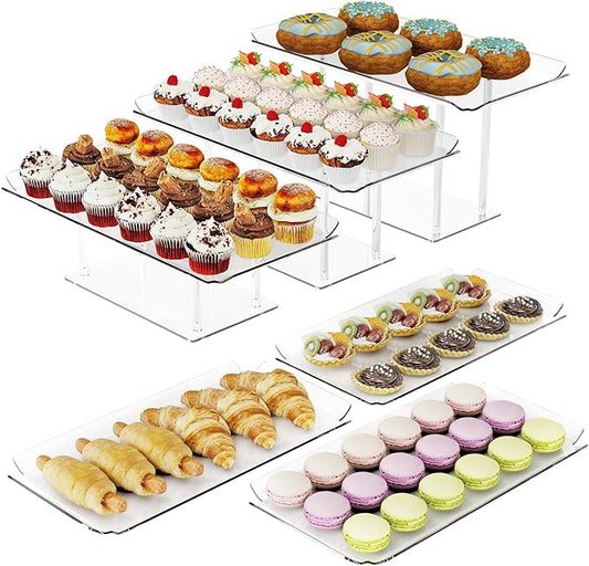 6 Pack Dessert Table Display Set, Clear Acrylic Dessert Display Stands with 3 Pack Dessert Tray Platters Buffet Risers for Pastry Food Fruit Candy Treat for Wedding Birthday Party
