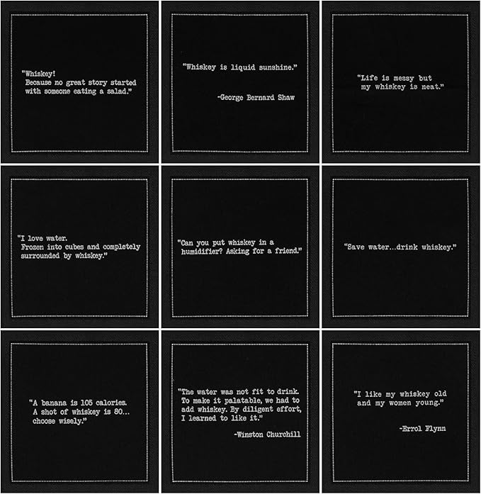 Five Star Funny Whiskey Quotes | Black Cotton Cocktail Napkins | 50 Luxury Disposable Beverage Napkins with Witty Bar Quotes | Drink Napkins for Parties, Bars, Weddings & Game Nights