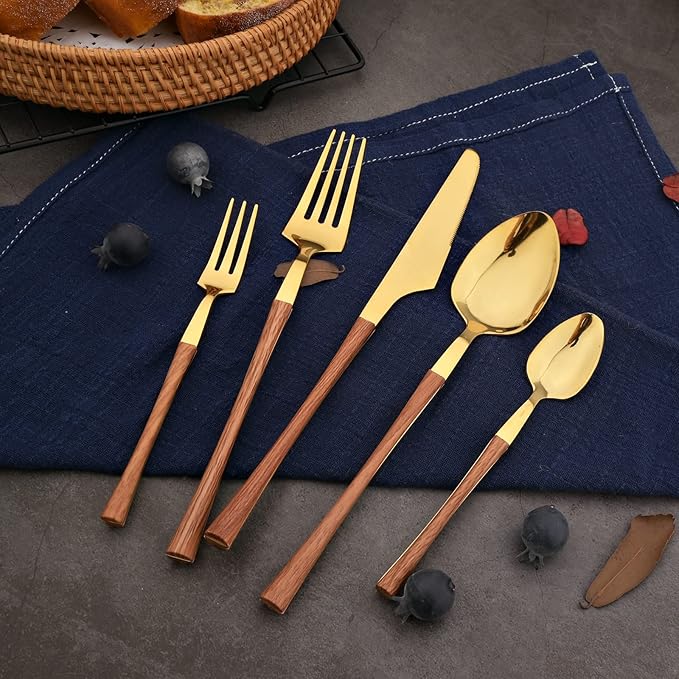 20-piece Stainless Steel Flatware Set with Wooden Handle, Wood Silverware Set for 4, Mirror, Dishwasher Safe, for Home Kitchen Travel - Small Waist Handle Gold