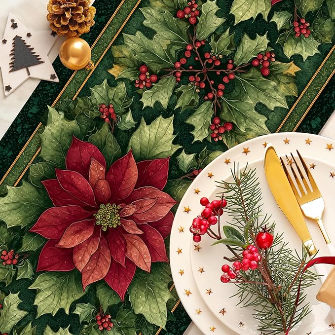 Green Red Flowers Christmas Table Runner Seasonal Winter Kitchen Dining Linen Table Decoration for Indoor Outdoor Home Party Decor 13 x 72 Inch