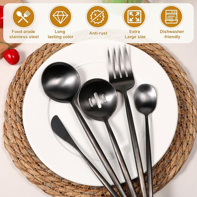 5 Pcs Black Stainless Steel Serving Utensils Set 10 Inch Black Serving Flatware Set, Includes Serving Fork, Slotted Spoon, Sugar Spoon, Butter Knife for Buffet, Wedding, Party