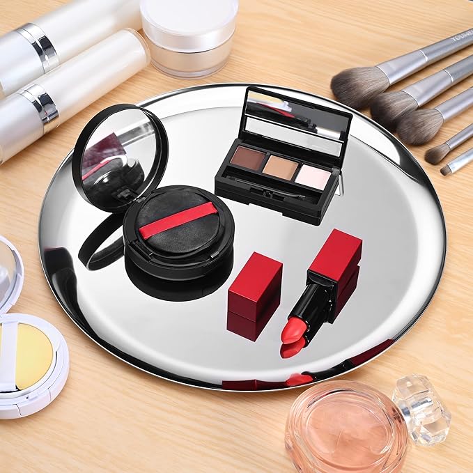 Silver Round Stainless Steel Tray Decor for Coffee Table Living Room,Bathroom Accessory Vanity Tray,Jewelry Dish Aesthetic,Perfume Makeup Tray,Serving Platter,Display Tray.Diameter28cm.2Piece