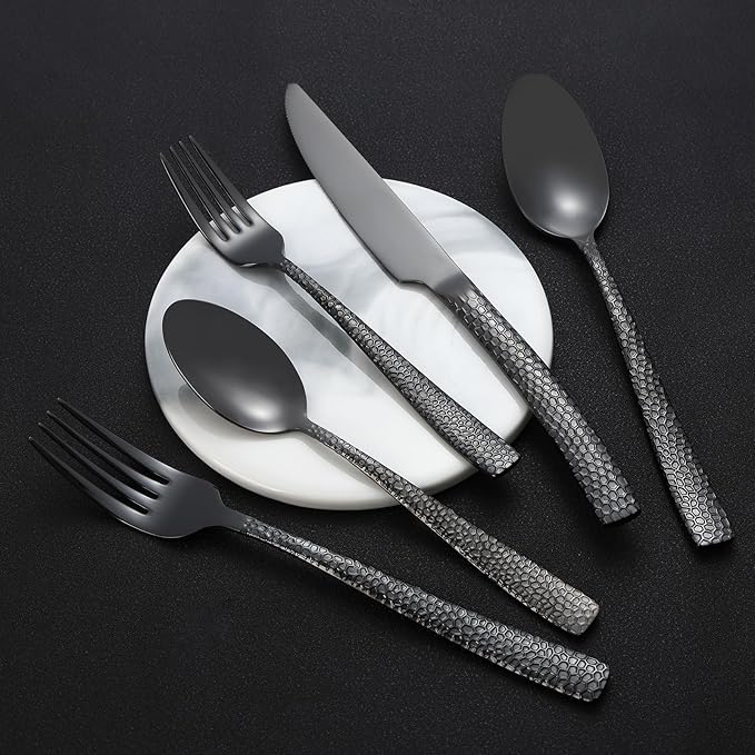 30-Piece Black Silverware Set, Heavy Duty Hammered 18/10 Stainless Steel Flatware, Food-Grade Cutlery, Tableware Including Fork Knife Spoon - Dishwasher Safe