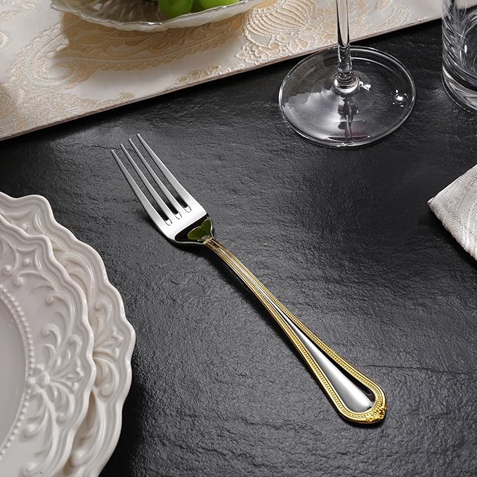 KEAWELL Pearl Edge 4-Piece Premium Fork Set, 18/10 Stainless Steel, Fine Silverware Forks with Mirror Finish and Exquisite Craftsmanship, Gold Accent, Dishwasher Safe (4, 8" Dinner Forks)