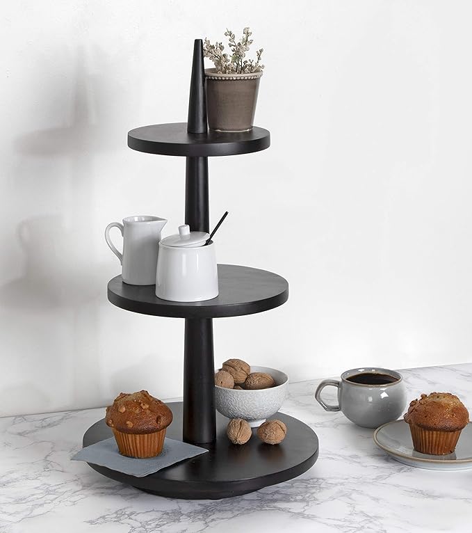 Kate and Laurel Praxis Modern 3-Tiered Tray, 12 x 12 x 23, Black, Decorative Farmhouse Serving Tray for Display