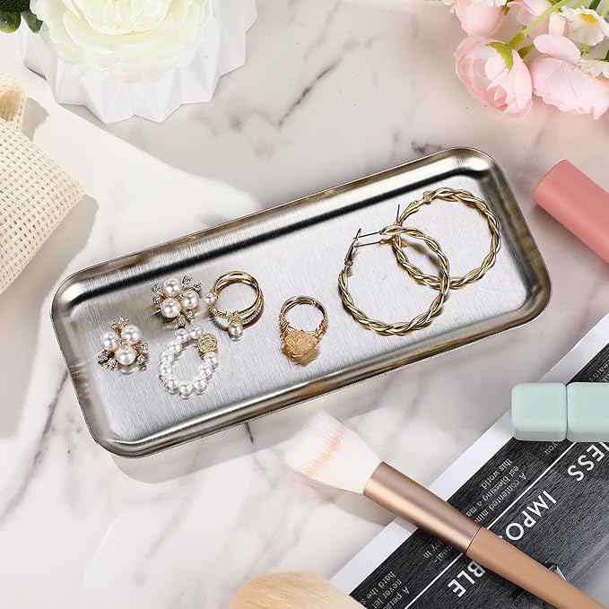 Vesici 12 Pcs 7.87 x 3.35 inches Small Silver Tray Bulk, Stainless Steel Rectangle Serving Trays Trinket Decorative Bathroom Tray for Vanity Jewelry Makeup Towel, Dish Plate Tea Fruit Storage Platter