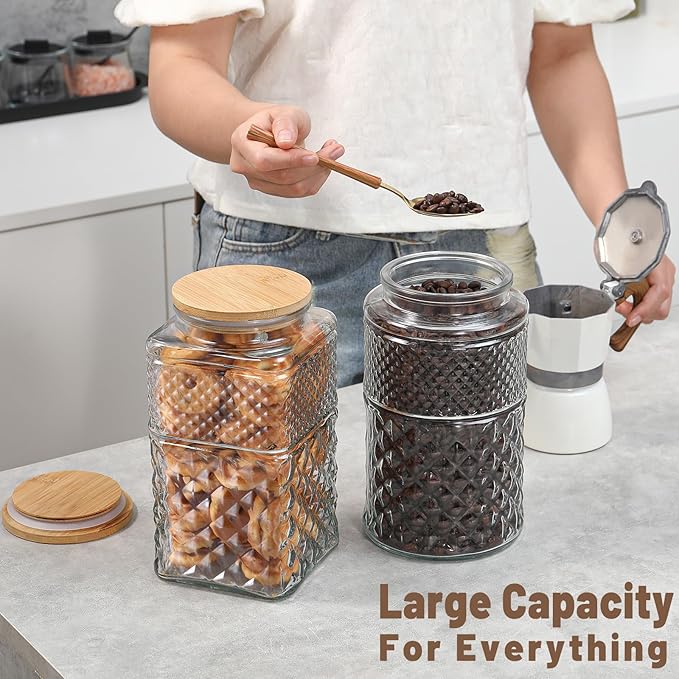90 oz | 0.7 Gallon Large Cookie Jar, Glass Jar with Airtight Lid, Decorative Kitchen Canister with Bamboo Lids, Candy Jar | Glass Storage Air tight Glass 2600ml Square