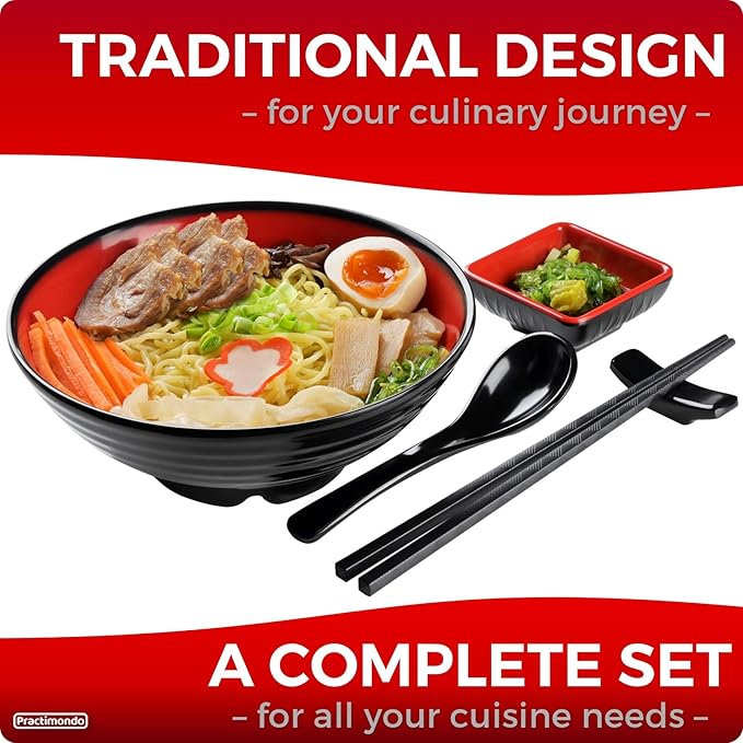 4 Noodle Bowls Set - large 32oz Ramen Bowl Set for authentic Asian Cuisine - with Dipping Bowls, Spoons, Chopsticks & Chopstick Stands. Enjoy Thai Miso Udon Wonton (4 Bowl Set, Red-Black)