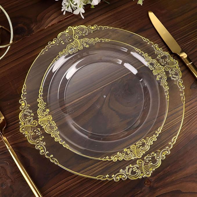 8" Salad Plates -Set of 30 - Plastic Clear Gold Round Baroque Disposable Chargers Leaf Embossed Rim, Ideal for Dinner Party Wedding Bulk Events