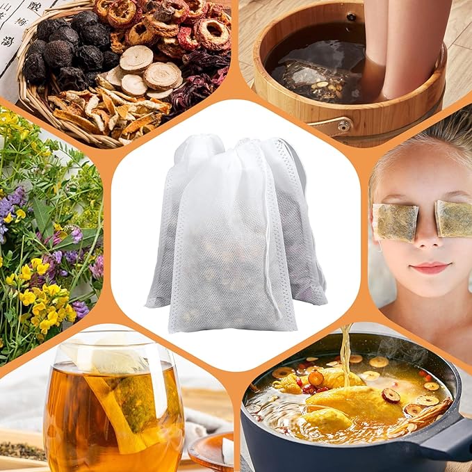 100 Pack Tea Filter Bags Tea Bag Empty Spice Bags for Cooking, Disposable Mesh Filters Drawstring Bag for DIY Craft Spices Coffee Storage Wedding Party Favor (4 x 5.9 Inches)