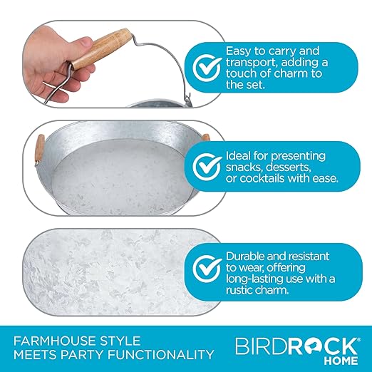 BIRDROCK HOME Galvanized Beverage Tub, Caddy and Tray Set - 3 Piece - Party Tray Platter Drink Holder - Silverware Caddy - Wooden Handles