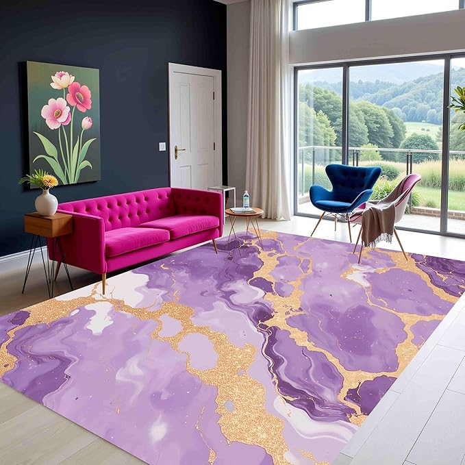 Art Aesthetic Deco Purple Gold Modern Abstract Marble Texture Design Home Office Rugs 4x6 for Living Room Bedroom Dining Room Soft Anti Slip Thick Area Rug Nursery Dorm Kitchen Unique Funky Carpet