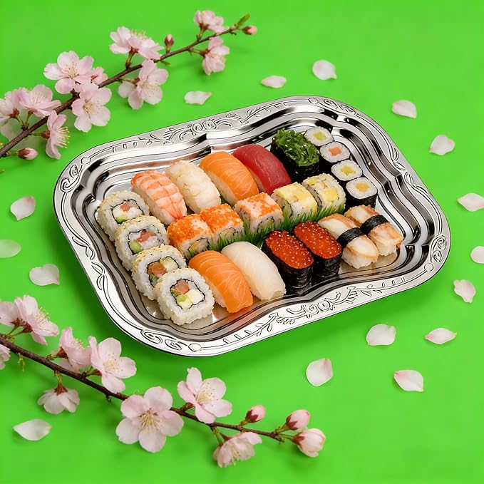 4-Pack Large Silver Serving Trays – 15.8×10.8in Stainless Steel Platter Set with Mirror Surface, Silver Plates for Food Display, Appetizers, Charcuterie, Desserts & Event Table Decor