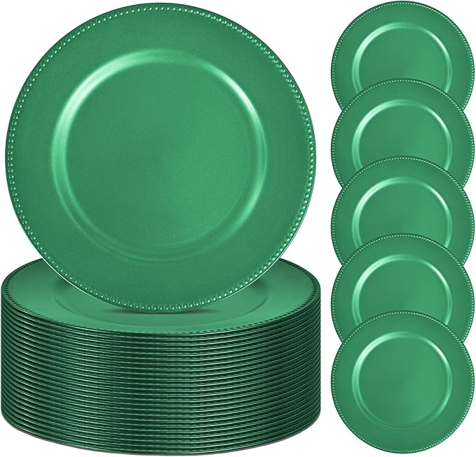 24 Pcs Green Dinner Plates, 13" Round Beaded Decorative Chargers for Wedding, Holiday, Baby Shower Events (Green)