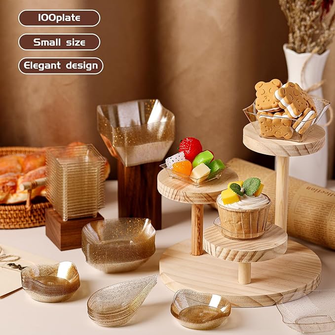 Tessco for you 100 Pcs Mini Appetizer Plates Set, Disposable Dessert Plates Assorted Shape Mini Plastic Spoons for Wedding Party Birthday (Gold)