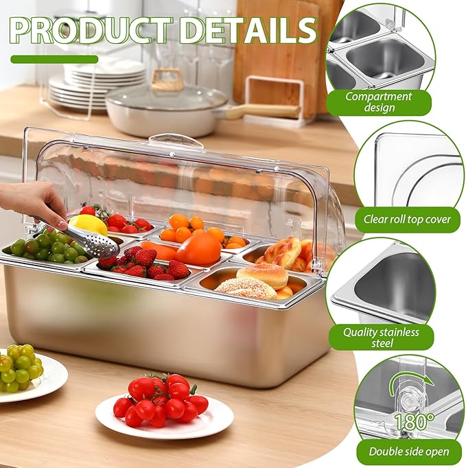 Countertop Food Serving Display Container and Clear Roll Top Cover Stainless Steel Food Serving Tray Buffet Condiment Dispenser Display Rack for Restaurant Hotel Kitchen Party (8 Pan)