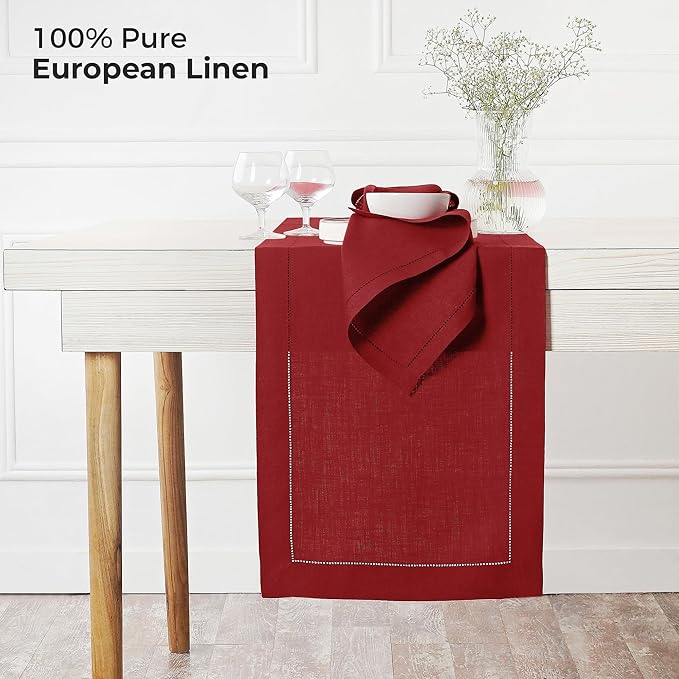 D'Moksha Homes Linen Red Table Runner 120 Inches Long - 100% Pure Linen Hemstitch 14 x 120 Inch Table Runner for Dining, Winter, Christmas, Holiday, New Year - Classic Hemstitch