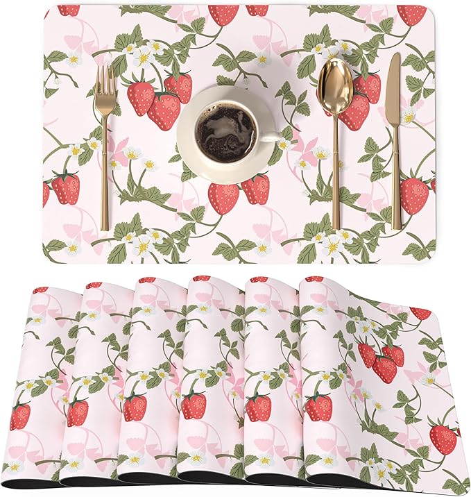 QIYI Placemats Set of 6, 12x18 Inch PU Leather Place Mats for Kitchen Dinning, Heat Resistant Anti Slip Pink Table Mats, Waterproof Wipeable Washable Placemat Party Table Décor, Sweet Strawberry