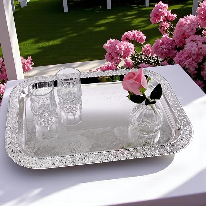 (Pack of 2) 19.1 inch x 14.4 inch Oblong Chrome Plated Serving Tray Stylish Design Floral Engraved Edge Decorative Party Wedding Dessert Buffet Wine Platter Plate Birthday Gift NC-063