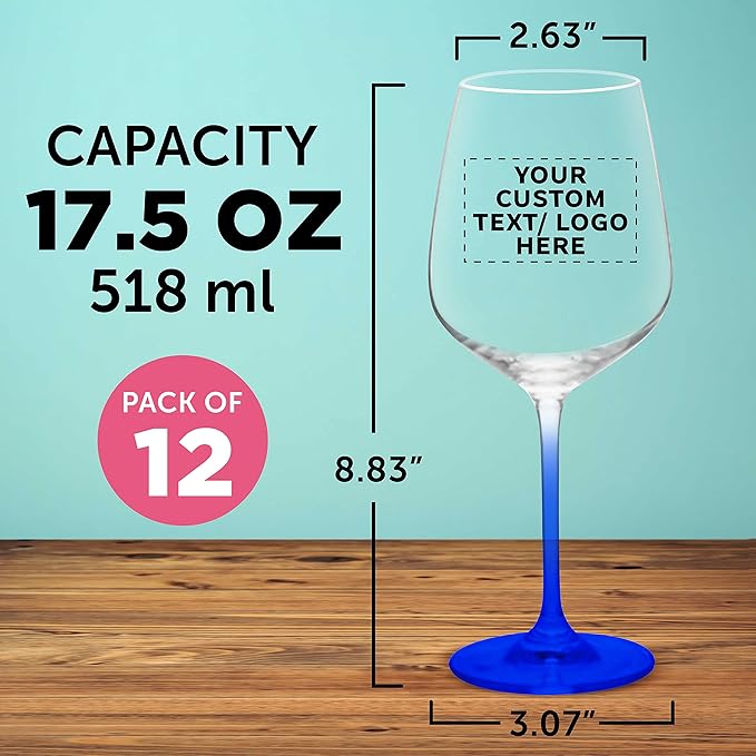 Custom Crystal Wine Glasses 17.5 oz Set of 12, Personalized Bulk Pack - Restaurant Glassware, Perfect for Red Wine or White Wine - Blue