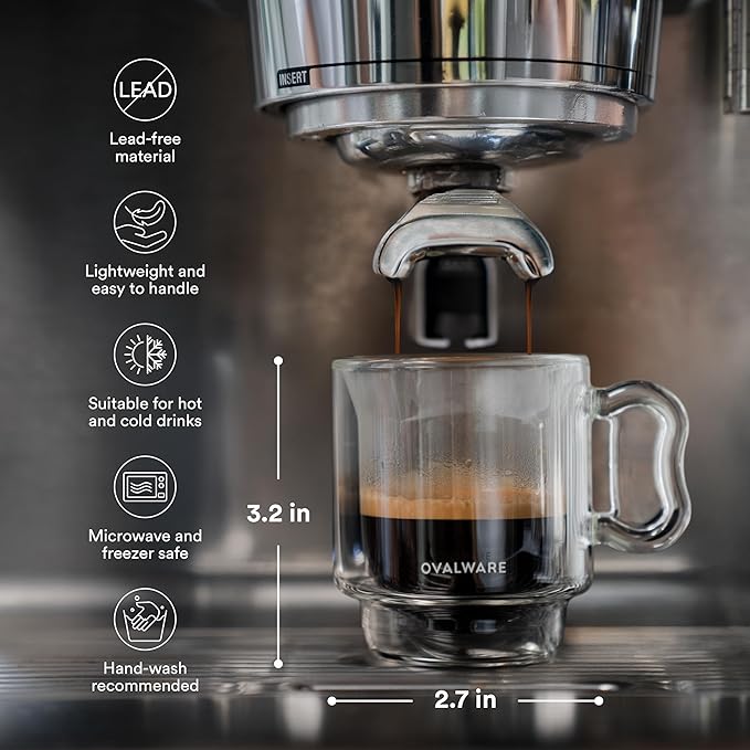 ovalware RJ3 Espresso Coffee Glass Cups 4oz/120ml (Set of 4) Double Walled w/Solid Butterfly Handle - Elegant Borosilicate Espresso Shot Mug - Stackable Insulated Transparent Demitasse Glass