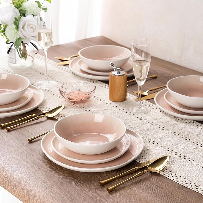 AmorArc Ceramic Dinnerware Sets,Handmade Reactive Glaze Stoneware Plates and Bowls Sets,Highly Chip and Crack Resistant | Dishwasher & Microwave Safe Dishes Set,Service for 4 (12pc)-Pink