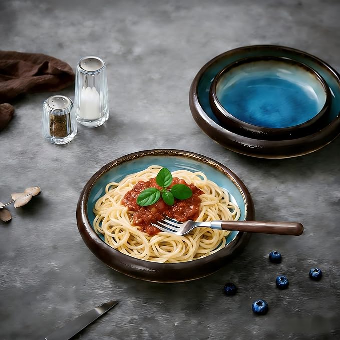 Ceramic Pasta Bowls Set of 4, 8 Inch Large Porcelain Pasta and Salad Bowls, Stoneware Dinner Plate Set for 4, Handmade Round Dishes for Home Decor, Microwave,Oven,and Dishwasher Safe, Blue