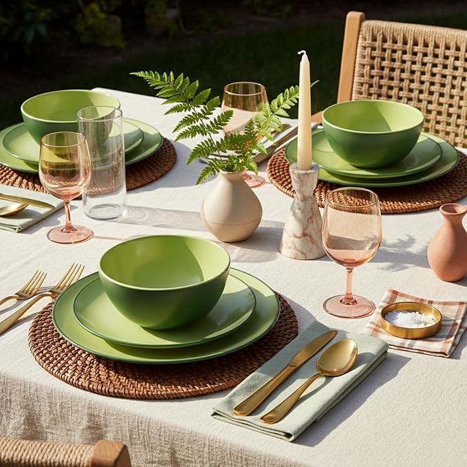 TP 12-Piece Dinnerware Set, Melamine Dishes Set with Bowls and Plates, Non-breakable and Lightweight Dinner Service for 4, Avocado Green