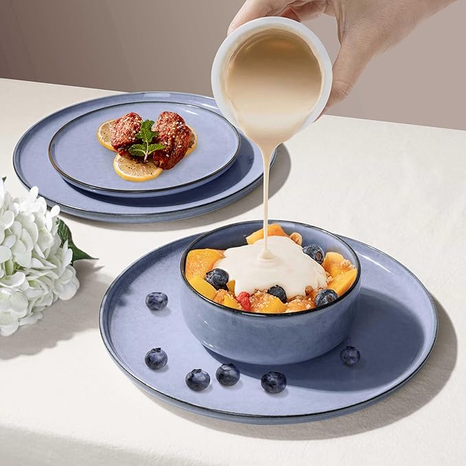 Herogo 12 Pieces Stoneware Dinnerware Sets Service for 4, Dinner Plates and Bowls Sets, Double Reactive Glaze Dishes Set for Kitchen, Scratch Resistant, Microwave & Dishwasher Safe, Haze Blue