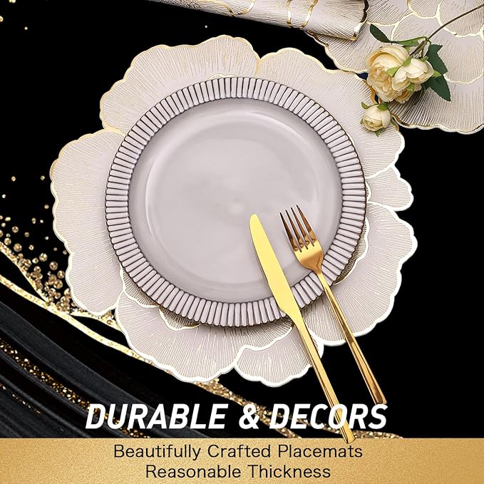 FAVE 12PCS Floral Round Placemats Gold Placemat Vinyl Placemats Set of 12 for Wedding, Banquet, Birthday, Party, Restaurant Table Mats Reusable Metallic Shiny Gold Placemat(Golden Peony, 12PCS)