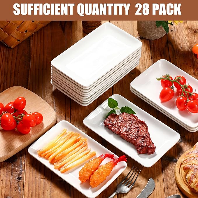Irenare 28 Pcs 8 Inch Rectangular Salad Plates White Rectangular Porcelain Dessert Plates Appetizer Serving Tray Porcelain Platters for Fruit Sushi Dinner Parties, Microwave, Oven Safe