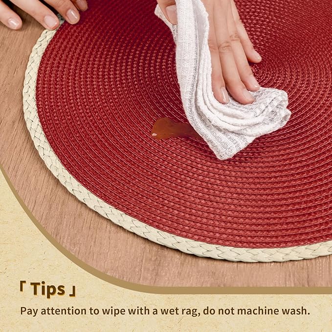 Noctiflorous Round Placemats Set of 8, 15 Inch Braided Hand Woven Table Mats, Heat Resistant Non-Slip Wipeable Thin Edge Place Mats for Kitchen Dining Indoor Outdoor Use(Red, 8)