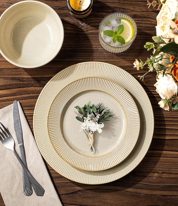 TheTerra Stoneware Dinnerware Sets for 6, 18 Pieces Ceramic Plates and Bowls Sets, Scratch Resistant Embossed Dish Set, Oven, Microwave & Dishwasher Safe, Cappuccino