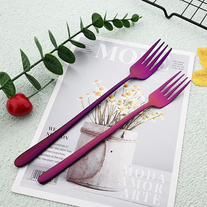 30pcs Korean Style Silverware Set Reusable Metal SUS304 Stainless Steel Fork Spoon Set Metal Portable Flatware Set Utensils Dishwasher Safe Mirror - Purple
