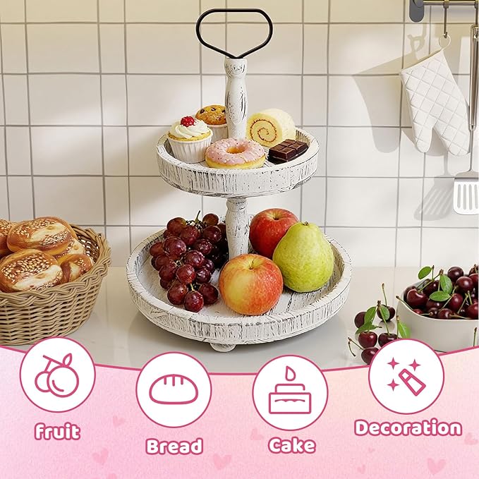 2-Tiered Round Wooden Tray Stand, Rustic Farmhouse Tiered Serving Tray for Home Decor Kitchen & Coffee Bar Centerpiece, Vintage White Wood 2-Tier Display Stand for Desserts, Cupcakes and More (White)