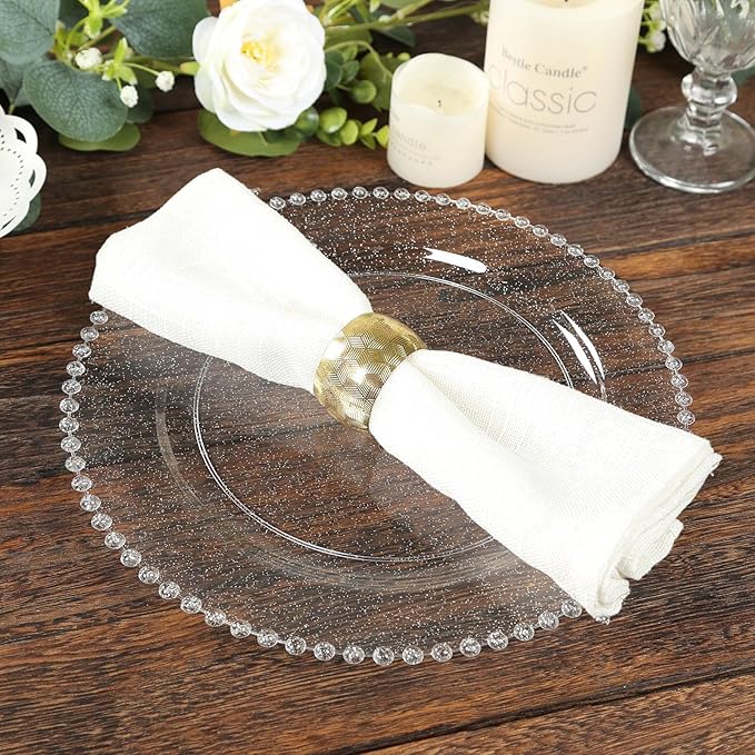 Efavormart 10-Pack Plastic Round Dinner Plates 10" Clear Silver Glittered with Beaded Rim - Disposable Party Plates