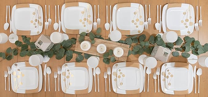 PLASTICPRO Square 128 Piece Combo Plates Set includes 64 x 7'' inch Salad Plates & 64 x 10'' inch Dinner Plates White Plastic with Gold Dandelion Design Party Plates, heavyweight Elegant,