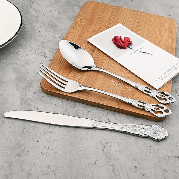 8-Piece Luxury Royal Silverware Set, 18/10 Stainless Steel Silver Flatware Set Service for 2, Tableware Cutlery Set Includes Forks Spoons Knives, Modern Design & Mirror Polished Dishwasher Safe