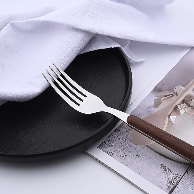 Brown Silver Silverware Set, 16 Pieces Stainless Steel Flatware Cutlery Set with Faux Wooden Handle, 4 x Dinner Knife, 4 x Dinner Fork, 4 x Tablespoon, 4 x Fruit Fork, Mirror Polished