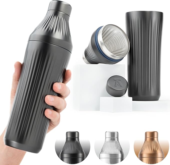 Elevated Craft Diamond Edition Hybrid Cocktail Shaker Set - Premium Vacuum Insulated Gunmetal Black, 28 oz, Includes Built-In Strainer, Precise Measuring Top & XL Polishing Cloth - Martini Shaker