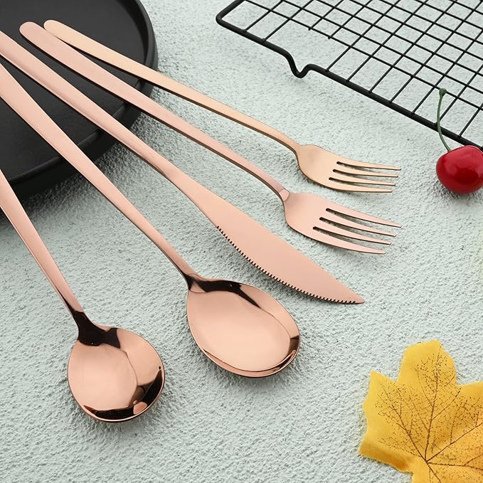 Knives and Forks Set Flatware Set Korean Silverware SUS304 Stainless Steel Kitchen Dinnerware Portable Utensils for Home, Camping Restaurant Christmas Gift - Rose Gold