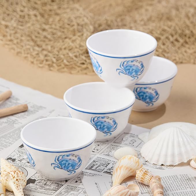 Beach House Crab 8-Piece Melamine Canapé Plate & Dip Bowl Set – Coastal Serveware for Appetizers, Snacks, Dips & Desserts – Shatterproof, Chip-Resistant, Indoor/Outdoor Dining & Entertaining