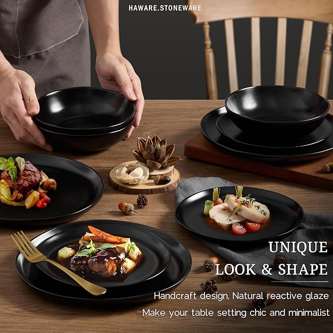 HaWare Dinnerware Sets, 12-Piece Stoneware Plates and Bowls Set, Dish Set for 4, Ceramic Dishware for Home Restaurant, Chip and Scratch Resistant, Microwave and Dishwasher Safe, Matte Black