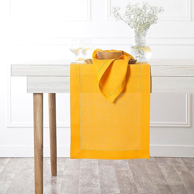 D'Moksha Homes Linen Sunflower Yellow Table Runner 120 Inches Long - 100% Pure Linen Hemstitch 14 x 120 Inch Table Runner for Dining, Winter, Christmas, Holiday, New Year - Classic Hemstitch
