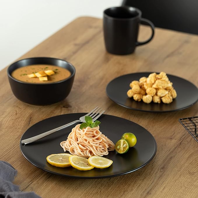 Rimmed Dinnerware Set | Mugs, Salad and Dinner Plates and Bowls Sets, Dishes with Highly Chip and Crack Resistant, Dishwasher and Microwave Safe (Black, Service For 8)