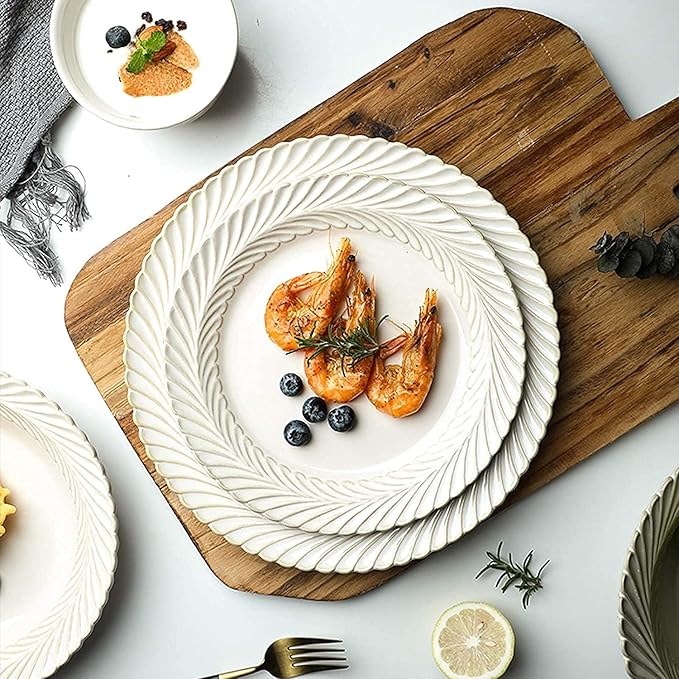 Ceramics Dinner Sets, 25 Pieces White Glaze Porcelain Dinnerware Set for Wedding Gifts | Retro Relief Cereal Bowl and Steak Plate Set