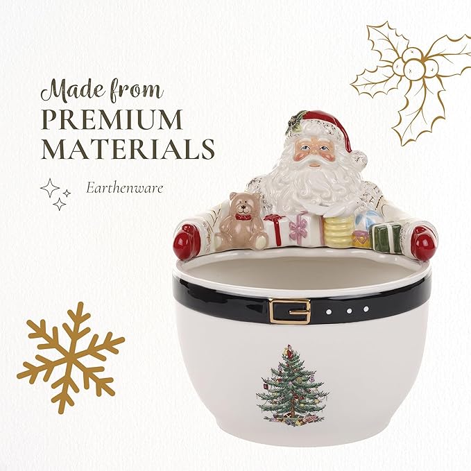 Spode Christmas Tree Santa 9-Inch Nut Bowl – Decorative Earthenware Bowl for Candies, Nuts, Desserts & Holiday Treats – Elegant Christmas Tableware with 22-Karat Gold Accents