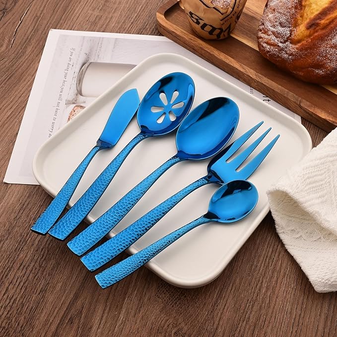 Serving Utensils Set, 5-Piece 18/8 Stainless Steel Hostess Serving Set, Elegant Hammered Serving Utensils for Home Restaurant and Buffet Catering, Heavy and Mirror Polished, Blue