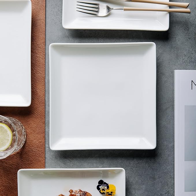 Ceramic Square Dinner Plates,7.7 Inch Square Serving Plate for Steak, Pasta, Salad, Snacks, Dessert, Appetizer Plates-Set of 4