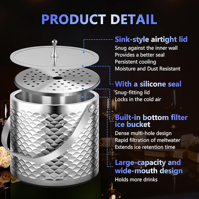 Ice Bucket, Ice Bucket with Silicone Sealing Ring Double-Wall Vacuum Insulation Champagne Buckets with Filter Layer Ice Tongs Ice Scoop (Scaled Silver, 3 L)